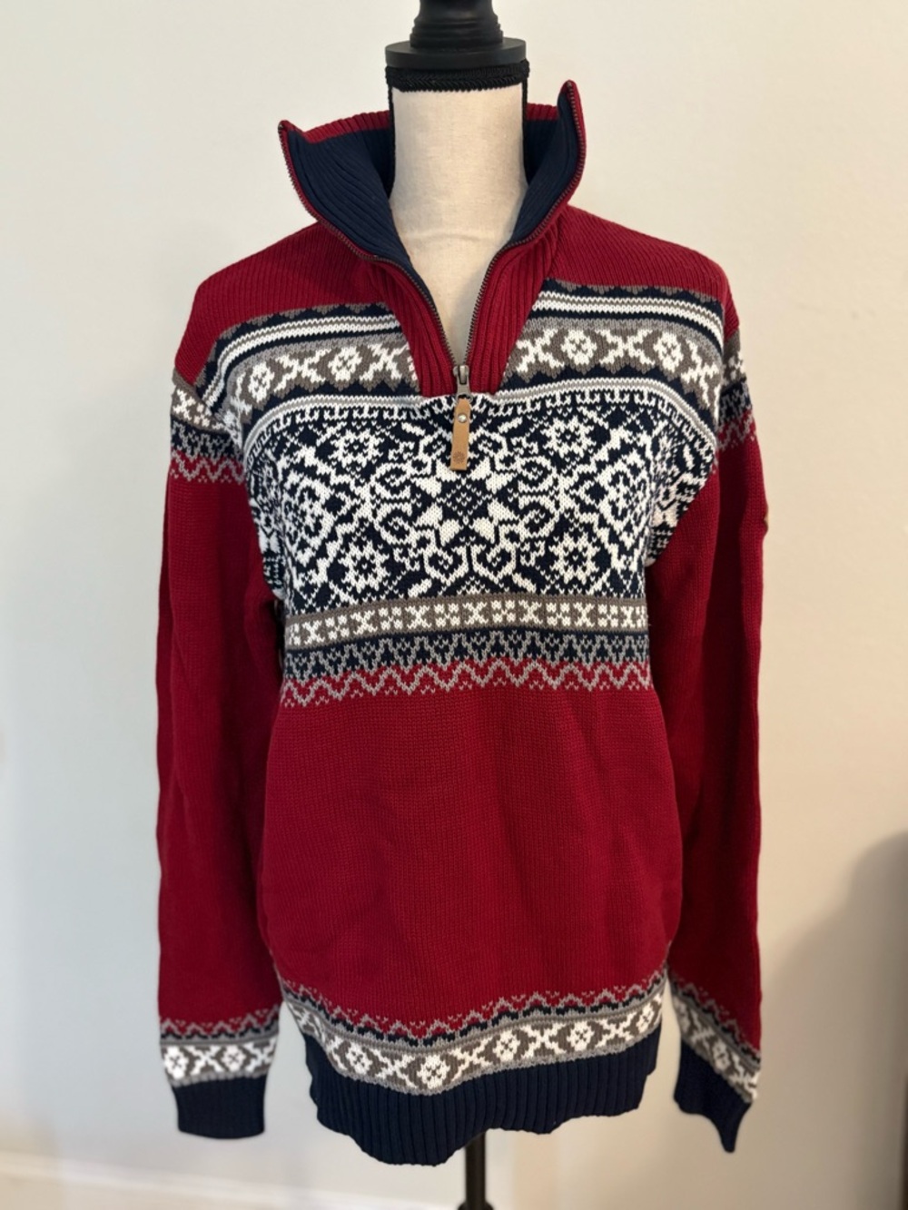 Men's Red Nordic Half-Zip Sweater with Navy and Gray Fair Isle